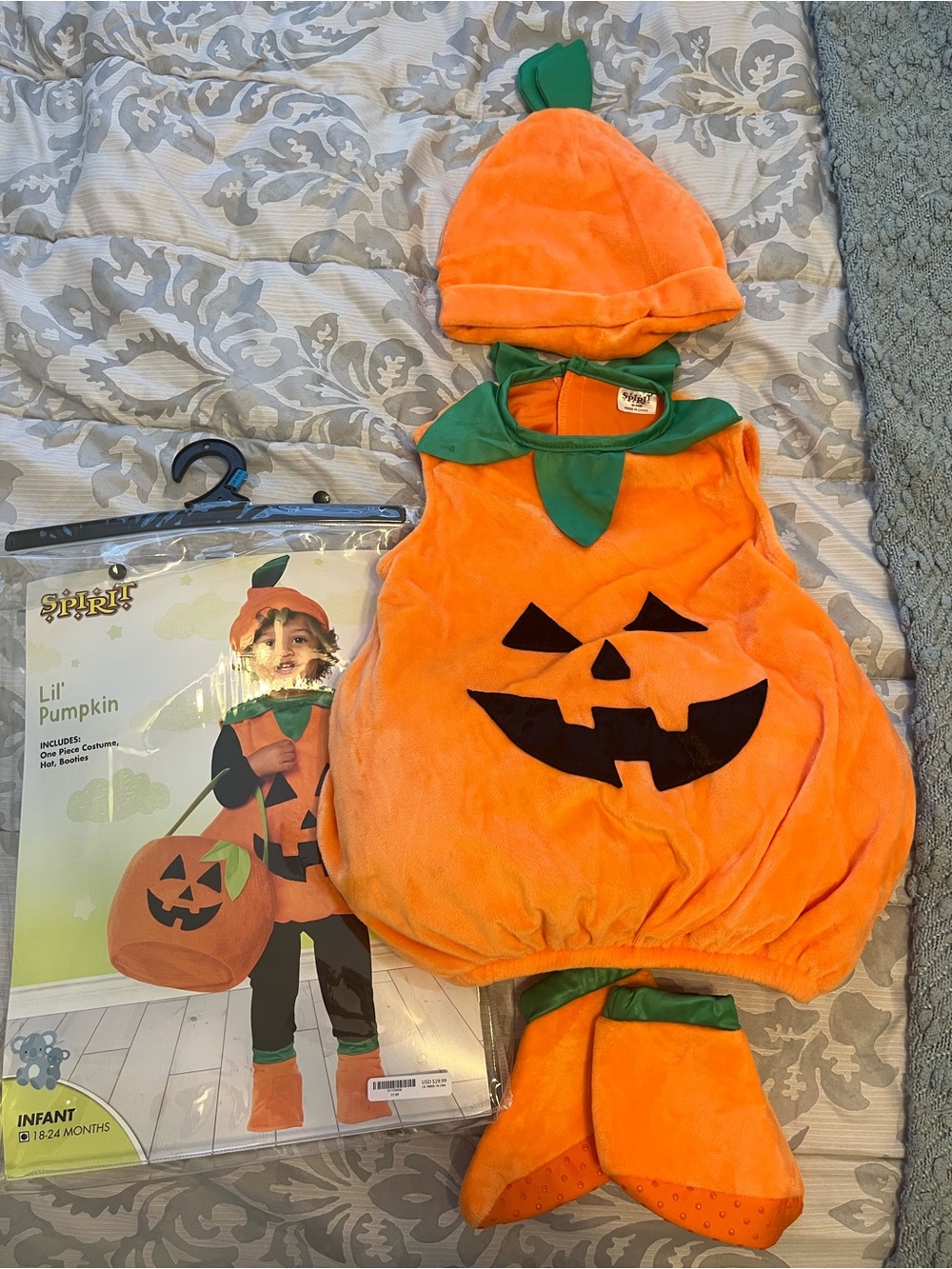 Spirit Orange Pumpkin Infant Costume with Green Leaf Collar and Hat